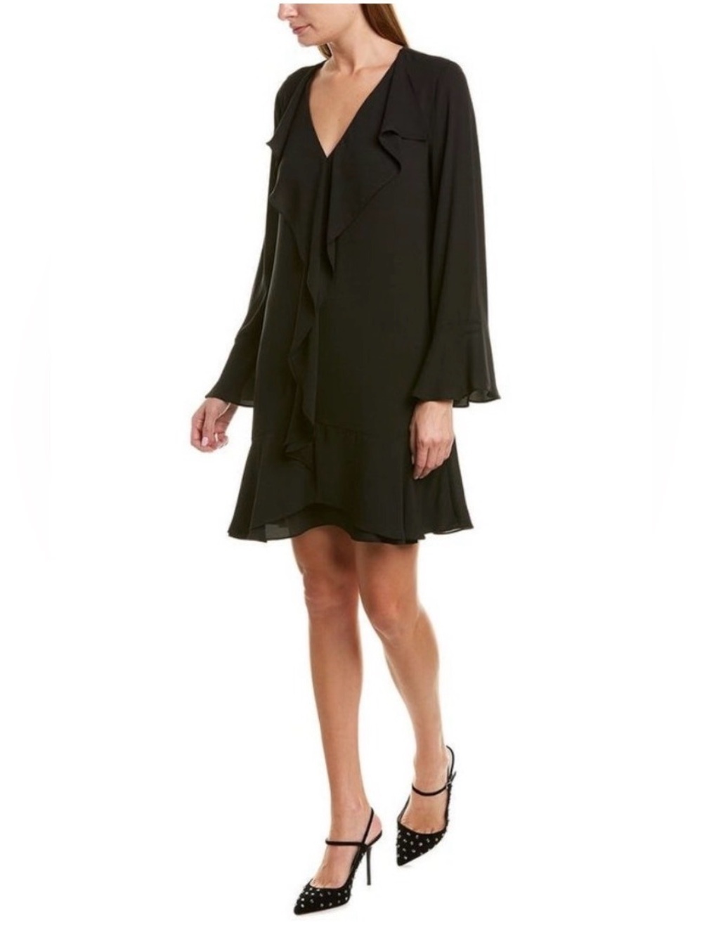 BCBGMAXAZRIA Black Ruffle Shift Long Bell Sleeve Chiffon Mini Cocktail Dress M